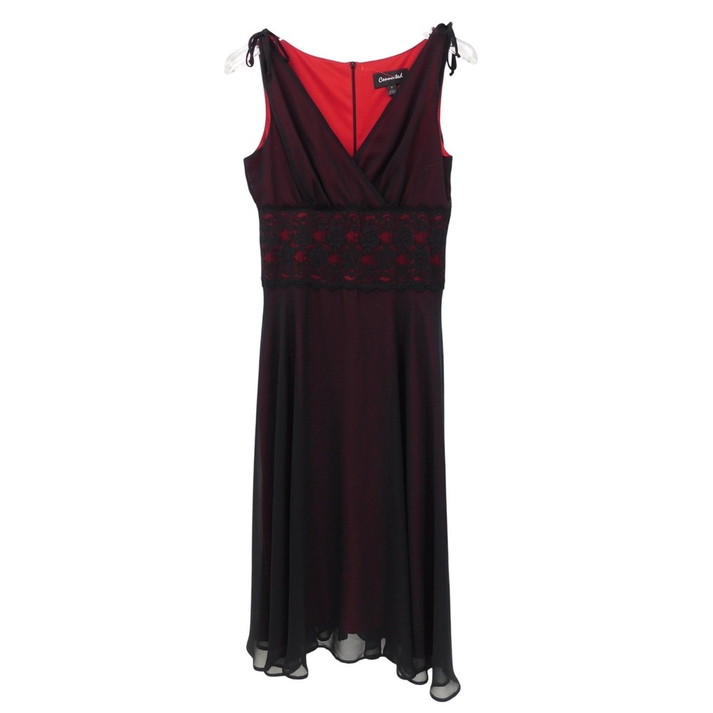 Vintage Connected Black Red Chiffon Lace‎ Whimsigoth Midi Dress Women's Size 8